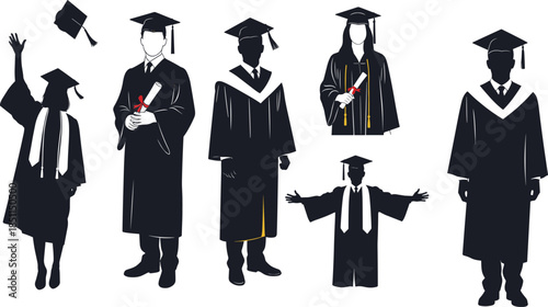 Graduation silhouettes, academic celebration, students in gowns, diploma pride, cap toss, education milestone, joyful achievement, diverse graduates, cad drawing flat vector illustration