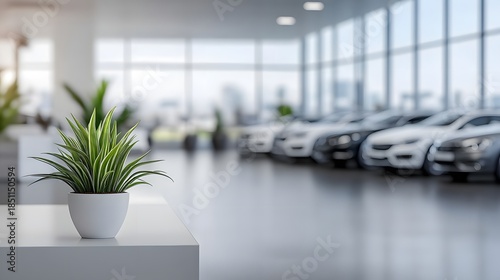 Reception desk with green plant and cars in showroom.