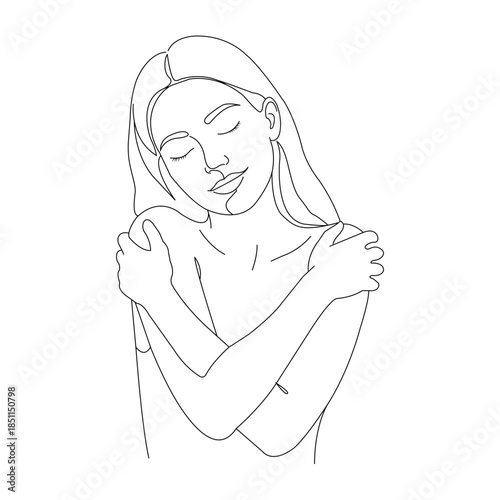  Minimalist line art illustration of a woman hugging herself, concept of self-love and care.
