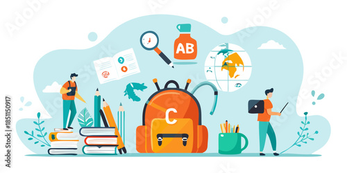 Illustration of students learning with books technology and educational tools