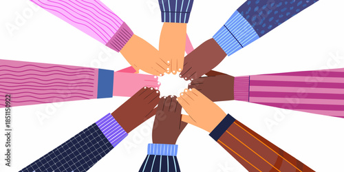 Diverse hands united in a circle symbolizing collaboration and inclusivity