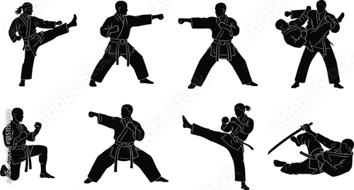 Martial arts silhouette, combat pose vector, fighter stance illustration, weapon technique clipart, dynamic movement design, cad drawing flat vector illustration