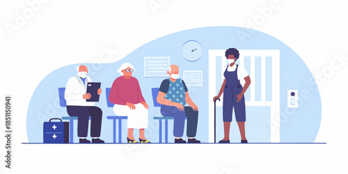 Healthcare professional assisting elderly patients in a waiting room setting
