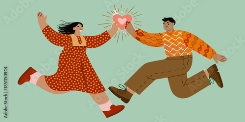 Joyful couple celebrates love with a floating heart in a vibrant illustration