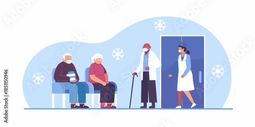 Healthcare workers assisting senior patients in a waiting room setting