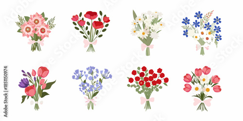 An arrangement of colorful flower bouquets in various styles and shades