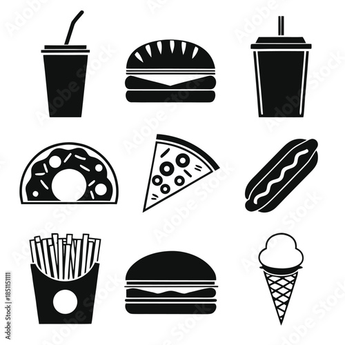 Collection of Fast Food Icons With Pizza and Drinks