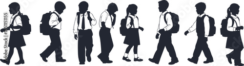 School children walking in line, silhouette students, uniformed kids, backpacks, education concept, morning routine, academic life, group, discipline, unity