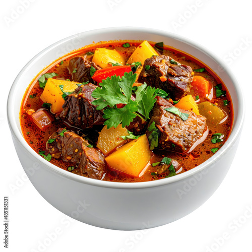 Guyana pepperpot a slow-cooked beef stew with cassareep and spices served in a traditional pot isolated on white background