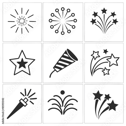 Collection of nine black icons for fireworks and party poppers