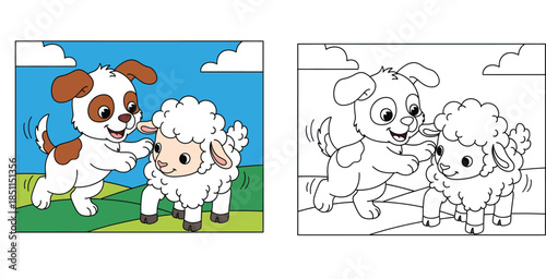 Cute cartoon puppy dog and fluffy lamb sheep playing together vector illustration featuring happy farm animal friends running on green grass under blue sky