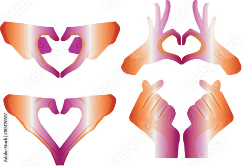 set of icons of various hands where fingers are folded into a heart shape where hands are in the colors of lesbian pride, as a symbol of love, equality and self-expression