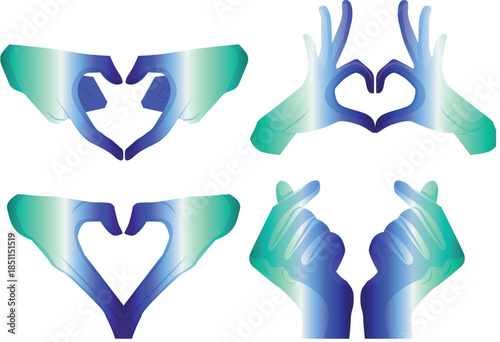 set of icons of various hands where fingers are folded into a heart shape where hands are in gay pride colors as a symbol of love, equality and self-expression