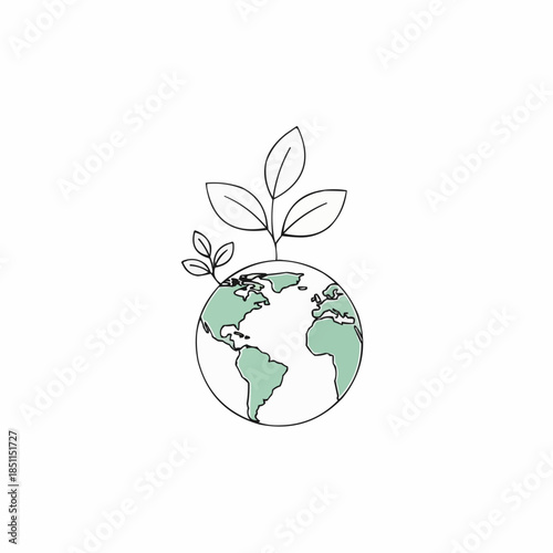 Minimalist Earth Illustration with Growing Plant, Eco Friendly Sustainability Concept, Green Planet Care, Environmental Protection, Climate Awareness and Nature Conservation Design