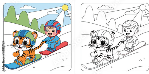 Cute cartoon tiger and happy little boy snowboarding together on snowy mountain. Funny animal friend and kid wearing helmets playing winter sport. Vector illustration for children design.