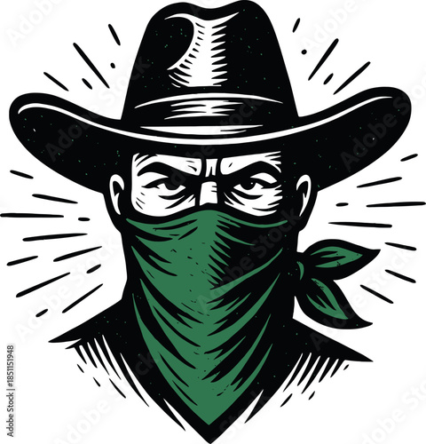 Cowboy Bandana Green Western Outlaw Vintage Art