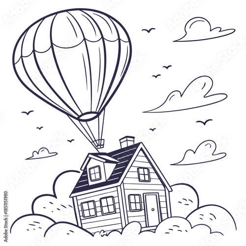 House floating with hot air balloon