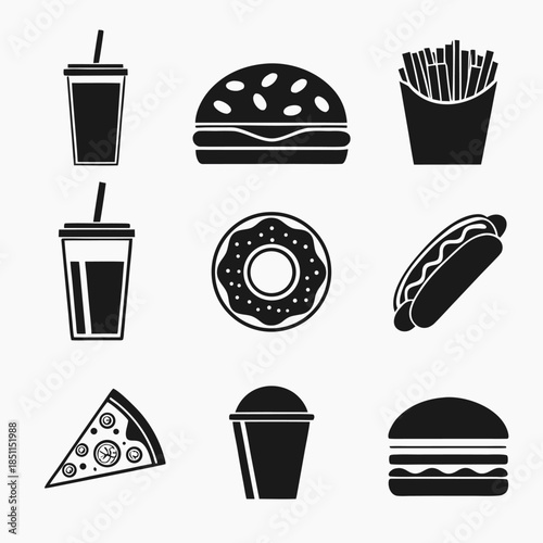 Fast Food Icons Featuring Burgers Fries Drinks and Pizza