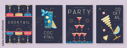 Set of holiday cocktail party posters with cocktail and champagne glasses. Restaurant menu design. Vector illustration