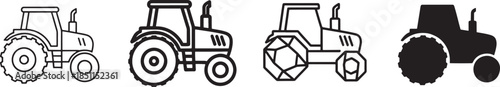 Heavy Duty Agricultural Tractor Vehicle Icon Set for Farming Industry Logistics and Rural Land Management Featuring Various Outline and Silhouette Styles