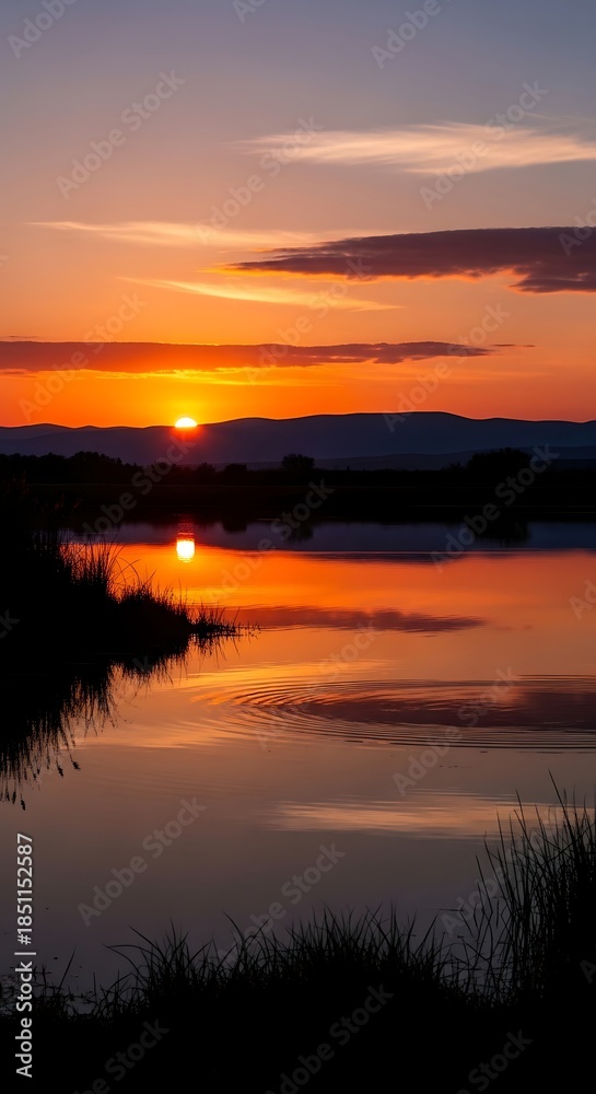 Obraz premium A vibrant sunset over a calm body of water, creating a stunning reflection. Dark silhouettes of land & foliage below