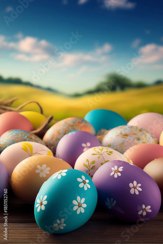 Painted multi coloured easter eggs on a nest with sunset landscape spring background. Blue, pink, purple, and orange hand painted designs.