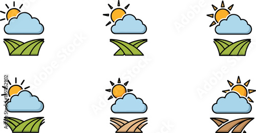 Landscape Farming Agriculture Icon Set with Sun Clouds and Green Fields Representing Organic Food Production and Rural Nature Scenery for Web Design