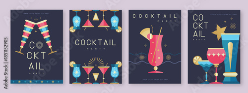Set of holiday cocktail party posters with cocktail and champagne glasses. Restaurant menu design. Vector illustration