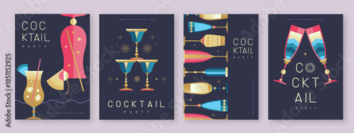 Set of holiday cocktail party posters with cocktail and champagne glasses. Restaurant menu design. Vector illustration
