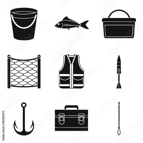 Fishing equipment icons on a white background bucket