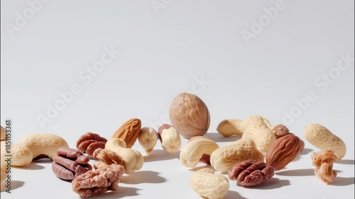 Mix of different raw nuts falling and laying a plain surface, showcasing a variety of ingredients healthy, natural fresh video 4k