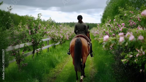 Woman rides horse along rural path surrounded by greenery