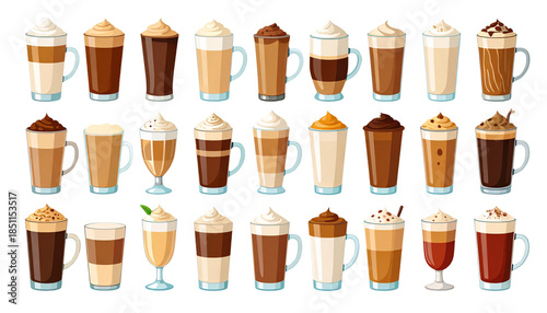 Set of coffee items isolated on transparent background, high-quality PNG showing coffee cups, beans, and accessories, perfect for cafe designs, menus, and beverage visuals.