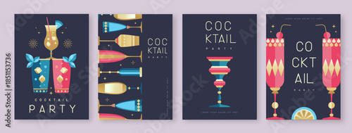 Set of holiday cocktail party posters with cocktail and champagne glasses. Restaurant menu design. Vector illustration