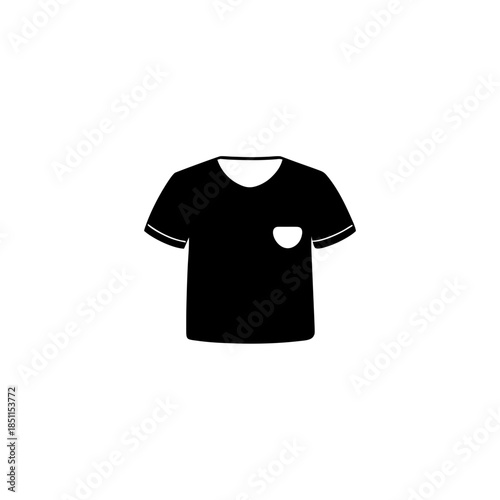 A minimalist black silhouette icon of a t-shirt with a pocket on the chest
