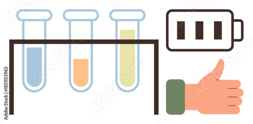 Test tubes with colored liquids in a stand, battery icon showing charge, and thumbs-up gesture. Ideal for sustainability, energy innovation, scientific progress, laboratory research, renewable