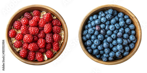 Raspberries and blueberries in round bowls