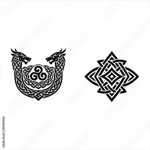 Celtic Knot Dragons With Triskelion + Geometric Knot Star (Black Vector)