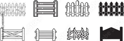 Wooden Garden Fence and Boundary Barrier Icon Set Featuring Various Architectural Styles from Classic Picket to Modern Geometric Security Designs