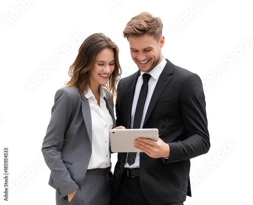young, smiling business people in suits using a tablet together, isolated on a transparent background.