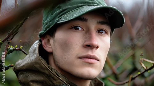 Young adult portrait amidst foliage outdoors