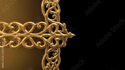 Golden ornate cross on a black background, a symbol of faith and spirituality, perfect for religious and historical projects.