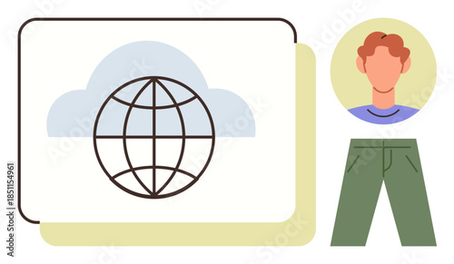 Globe within cloud highlighting internet connectivity, accompanied by person and clothing for individuality. Ideal for communication, global reach, technology, identity, networking, community