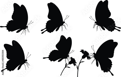 Butterfly silhouettes with flowers, black insect illustration, delicate wings design, pollination art, nature pattern, wildlife study, floral interaction, garden theme, decorative artwork