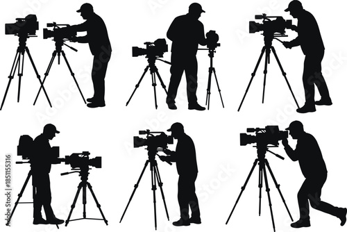 Camera operator silhouette, video production, cinematography pose, professional filming, tripod camera, movie shoot, stage direction, creative industry, film art, media