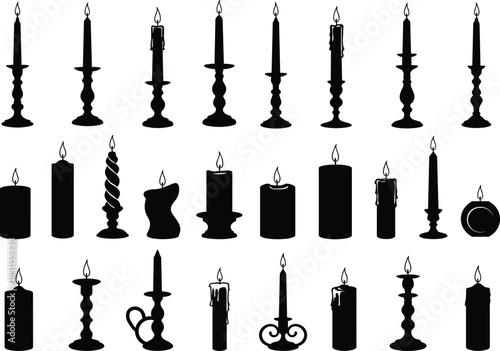 Candle silhouette illustration collection, decorative wax flame vector set, ornate candlestick artwork, festive holiday spiritual design, black flat cad drawing