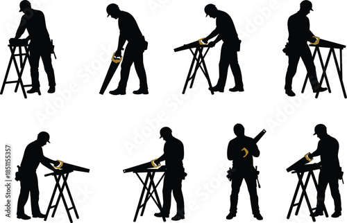 Carpenter silhouettes, woodworking poses, carpentry tools, construction work, measuring, sawing, building, craftsmanship, handyman, repair, maintenance, workshop, DIY, labor, flat vector illustration