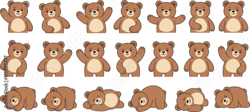 Cartoon bear character sequence showing various poses and actions for animation and design projects – cad drawing flat vector illustration vectorizer