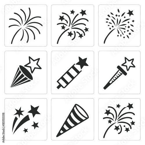 Set of nine black and white icons for fireworks and party poppers