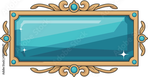 Ornate blue gemstone frame in vintage luxury style with golden accents and soft glow for user interface design